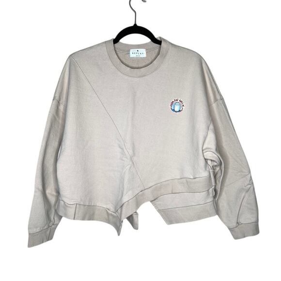NWOT REPLAY Asymmetric Sweatshirt Cover-up with "NON-FAT MILK" Embroidered Patch - Picture 1 of 6